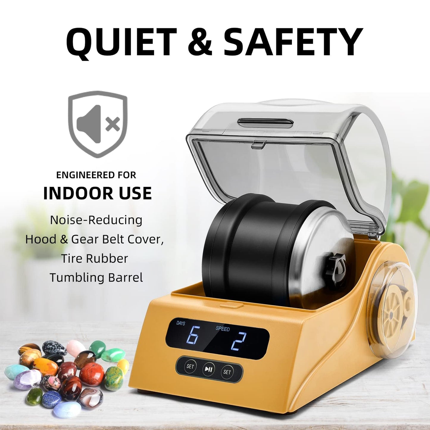 Tryes Rock Tumbler Kit Adults - Rock Polisher Tumbler With Noise Reduction Cover, Speed&Timer Control, Includes 4 Polishing Grits, Rough Gemstones, Learning Guide Etc. (Yellow)