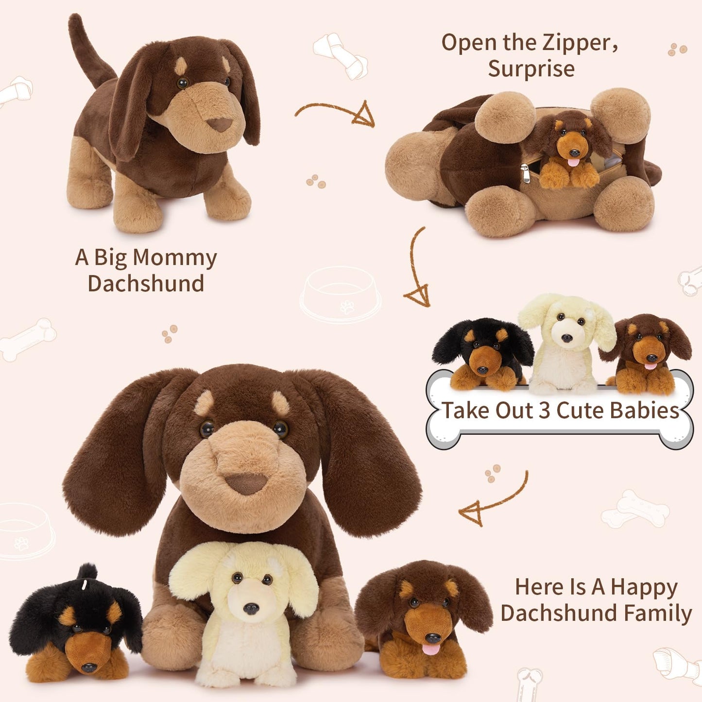 Tezituor Dachshund Stuffed Animal With 3 Babies,17.7 Inches Weiner Dog Plush Toy Puppy Stuffed Animal Birthday For Kids Girls Boys