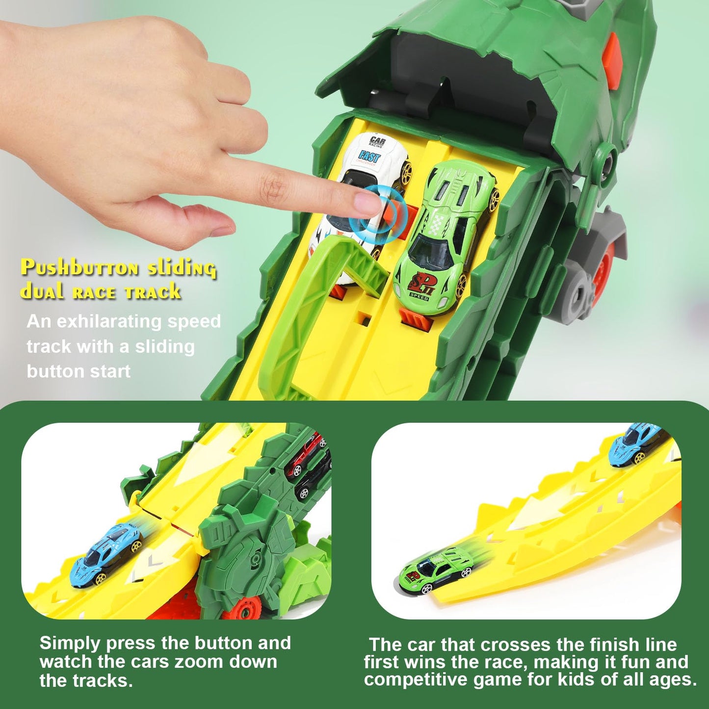Transformer Dinosaur Truck Toys For Kids Ages 3-7, Foldable Car Transporter With Race Track, Triceratops Transport, With 8 Cars