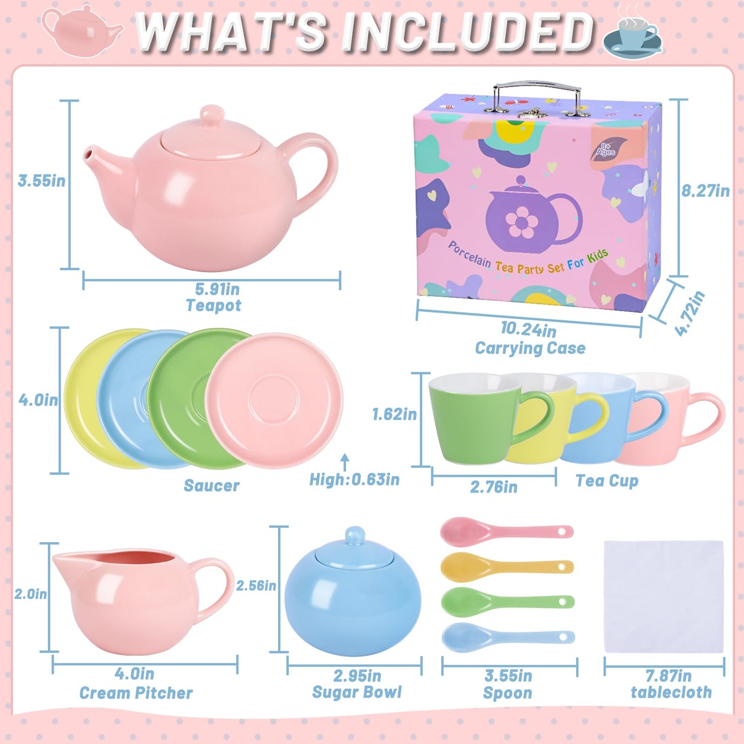 Porcelain Tea Party Set for Girls, PRE-WORLD Princess Tea Time Toy Including Teapot,Saucers,Teacups,Sugar Bowl,Creamer Pitcher,S