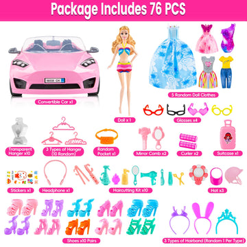 76 Pcs Doll & Convertible Car Playset,Included 11.5 In Doll,Doll Car,Princess Dresses,Fashion Dresses,Casual Clothing,Swimsuits,