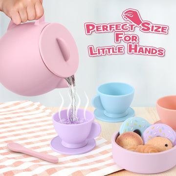 Lorfancy 20 Pcs Silicone Tea Party Set for Little Girls Kids Toddlers Tea Set with Tea Pot Cups Food Pretend Play Kitchen Access