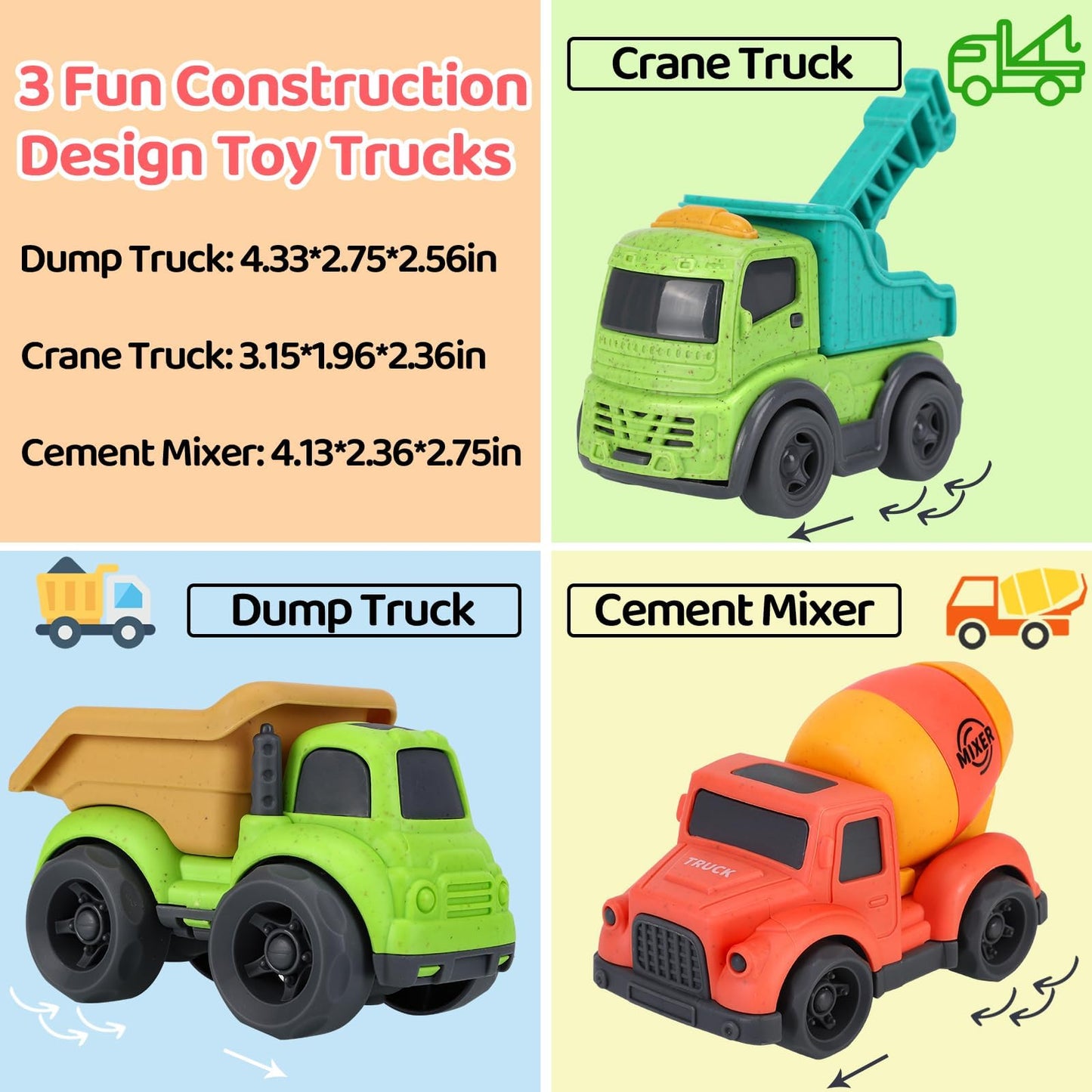 Toddler Cars Toys for 1 2 3 Year Old Boy, 3 in 1 Dump Truck Mixer Cement and Crane Toys for Baby Boy Girls, BPA Free, Phthalates