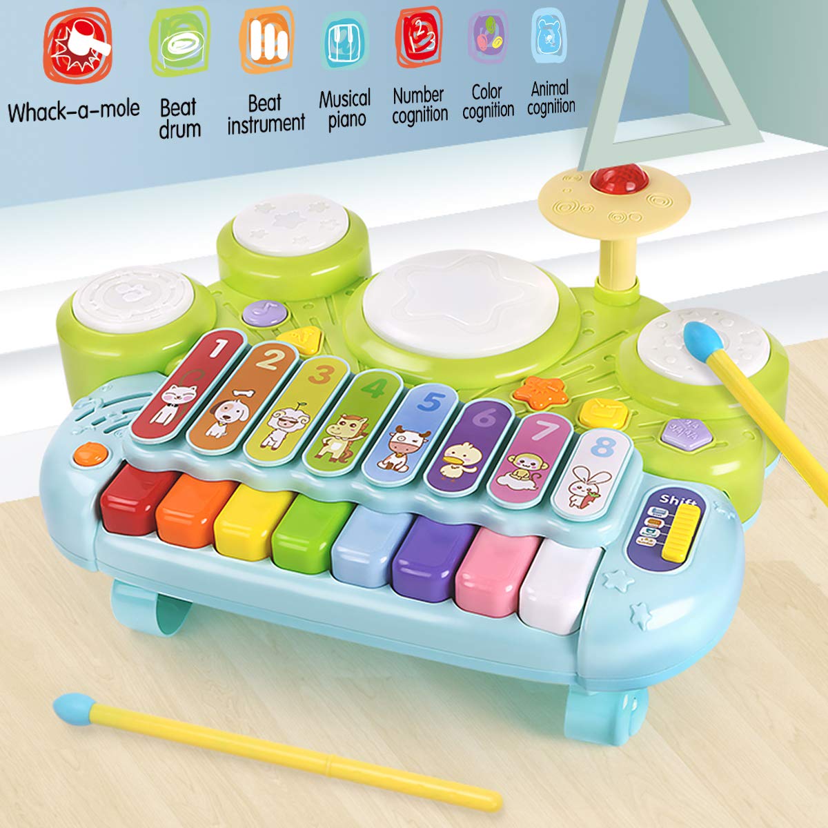 Fisca 3 In 1 Musical Instruments Toys, Electronic Piano Keyboard Xylophone Drum Set - Learning Toys With Lights For Baby & Toddler 1 2 3 Year Old Boys And Girls