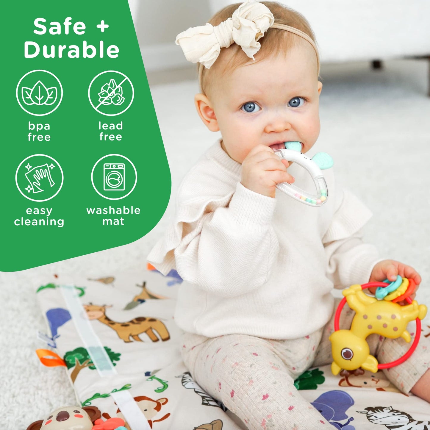 Move2Play, 8 Piece Baby Rattle And Tummy Time Mat Set | Rattling And Silicone Teething Toys | Babies Toy 3-6 Months | 3, 4, 5, 6 Month Old Must Have | Infant Gifts For Boys And Girls