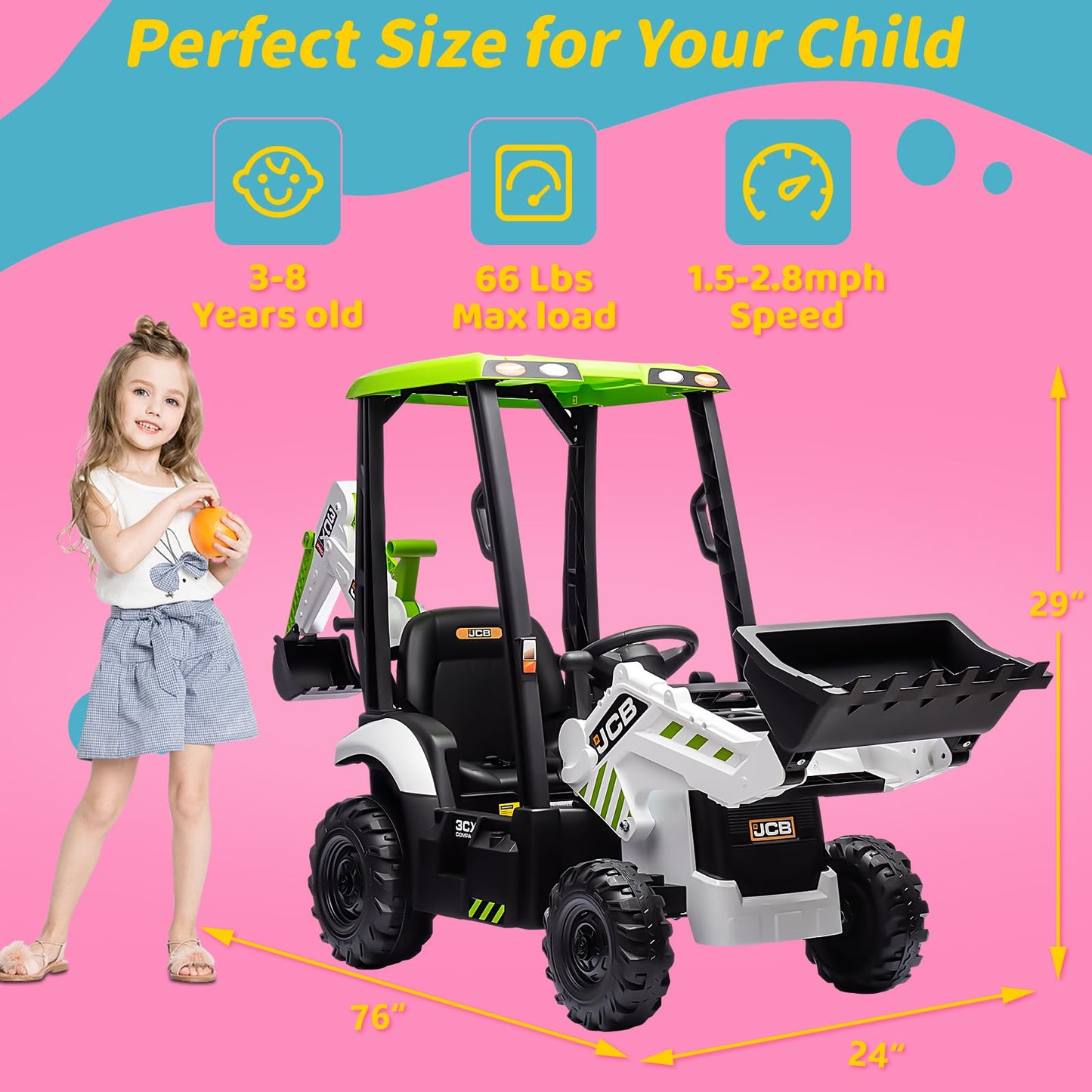 Sesslife Jcb Ride On Excavator, Kids Ride On Car With Remote Control, Electric Vehicle With Front & Back Loader For Kids Aged 3-