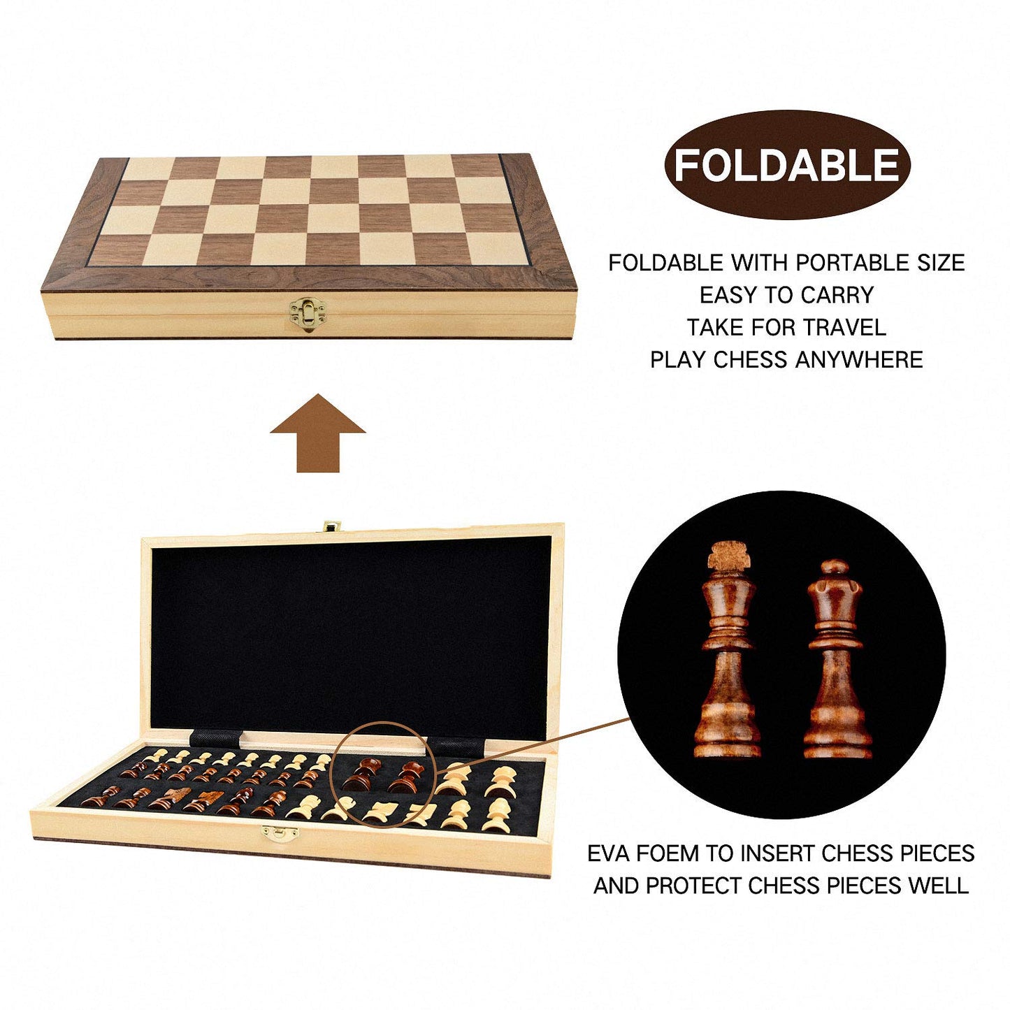 Leap Wooden Chess Set Magnetic Travel Size 11.5'' Inches - 2 Extra Queens - Magnetic Folding Board, Handmade Portable Travel Che