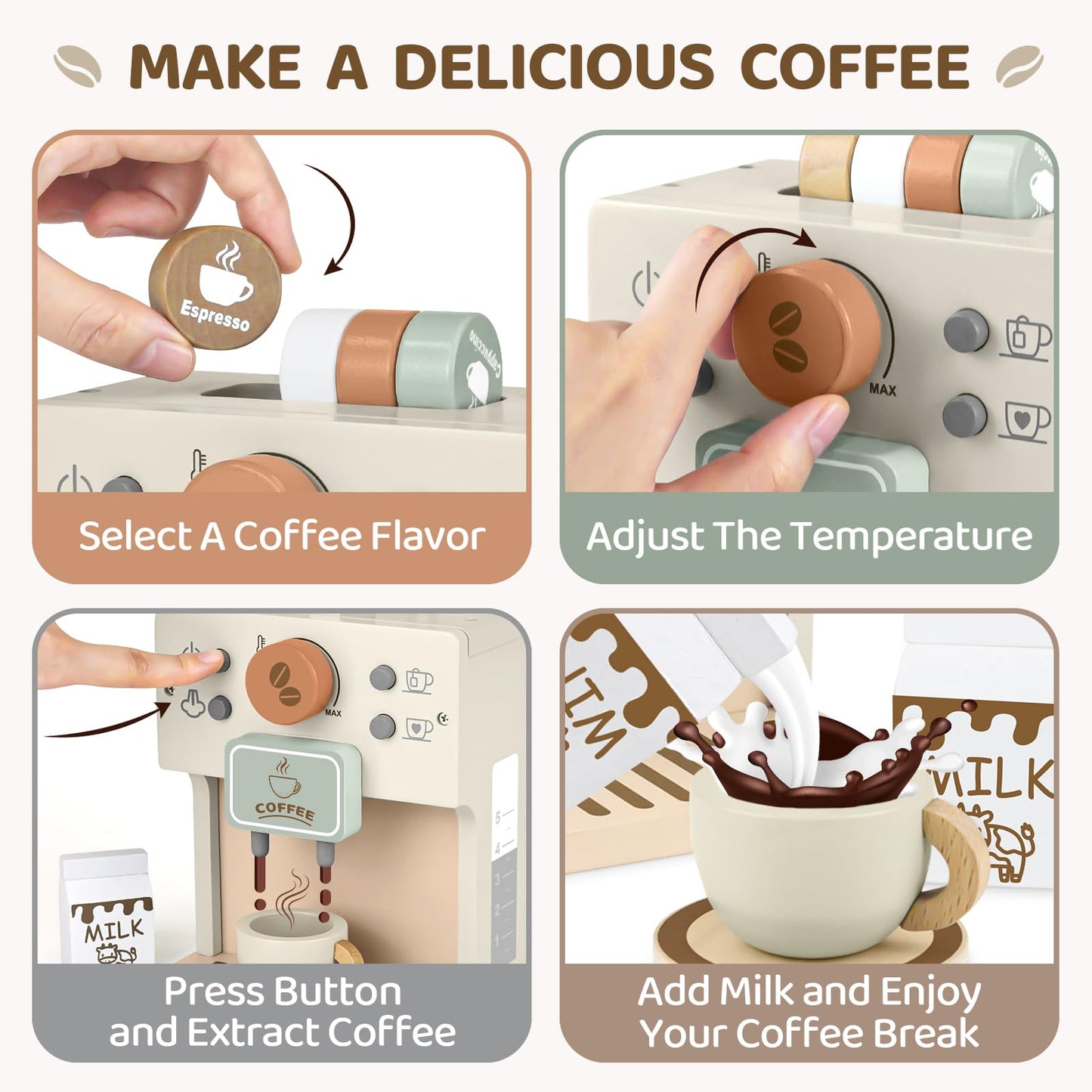 Airlab Toy Coffee Maker for Kids Wooden Kitchen Accessories Pretend Play Toddler Coffee Playset for Girls Boys Ages 3 4 5 Years