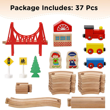 Sainsmart Jr. Wooden Train Set - Interactive Police Playset For Kids | Building Toy With Train, Figures & Accessories | Compatible With Brio, Thomas, Melissa And Doug | Educational Stem Gift (Village)