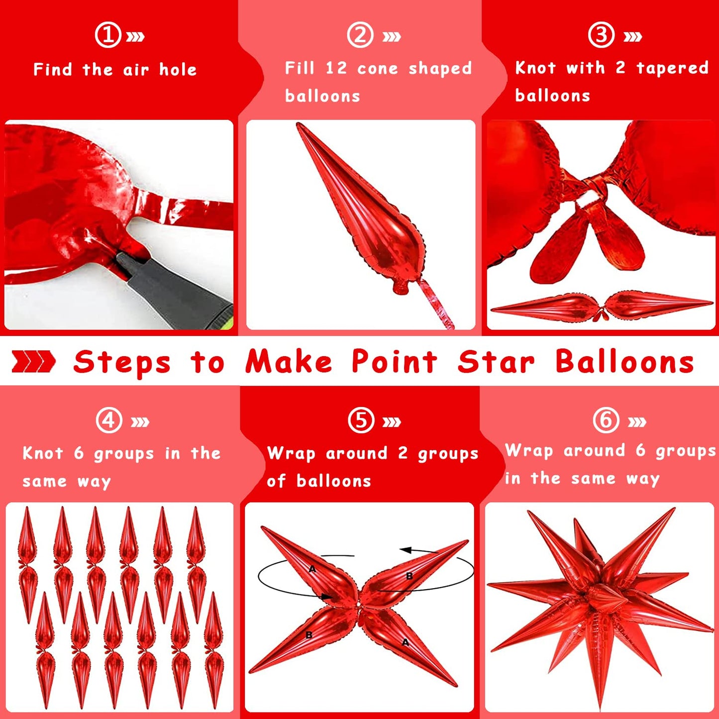 Funtoob Red Star Balloons Metallic Star Foil Balloons Birthday Balloons Red Star Cone Balloons Starburst Balloon Spike Balloons