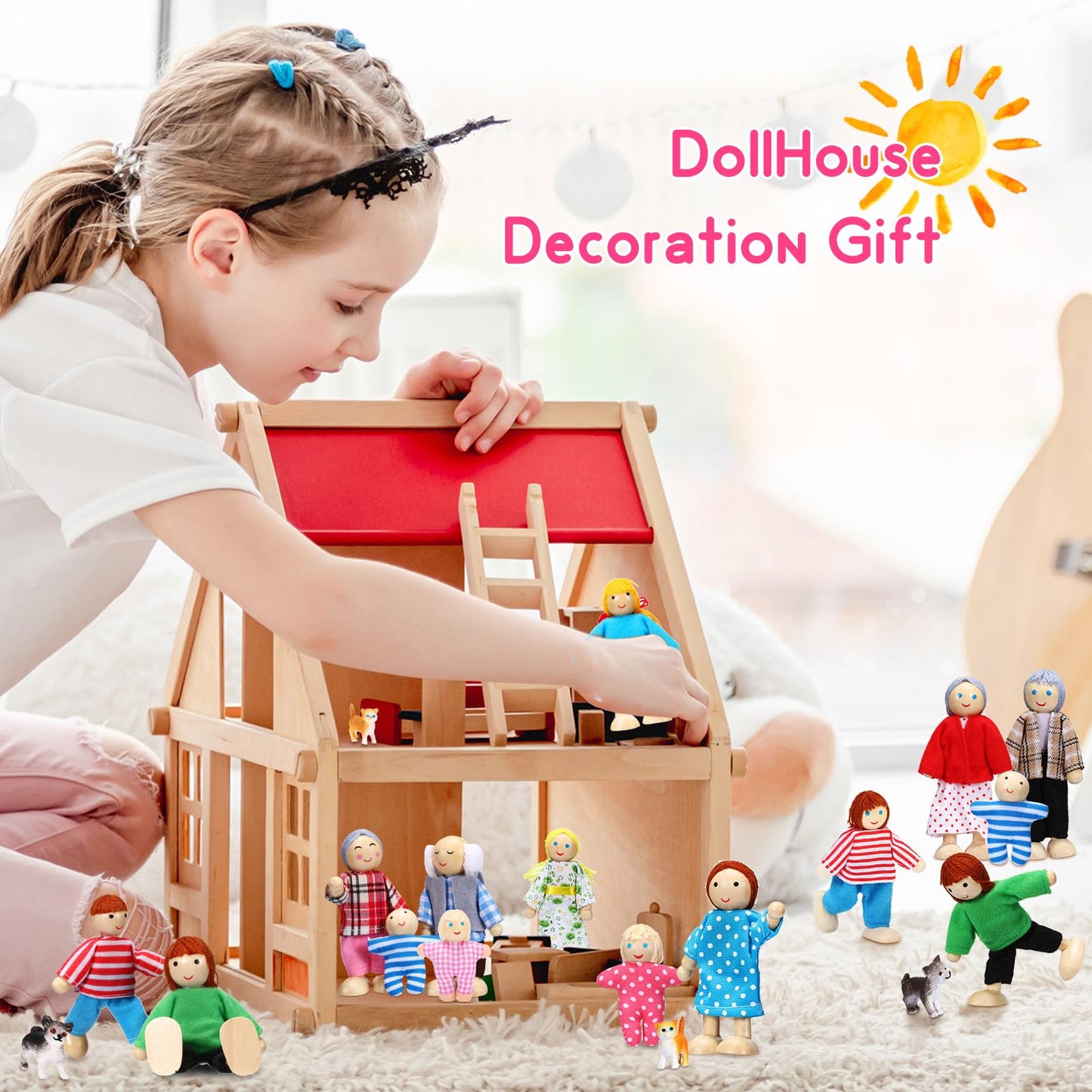 Skylety 20 Pcs Wooden Dollhouse Family Set Of 16 Mini People Figures And 4 Pets, Wooden Dollhouse Dolls Family Cosplay Figures Accessories For Pretend Toy(Vivid Style)