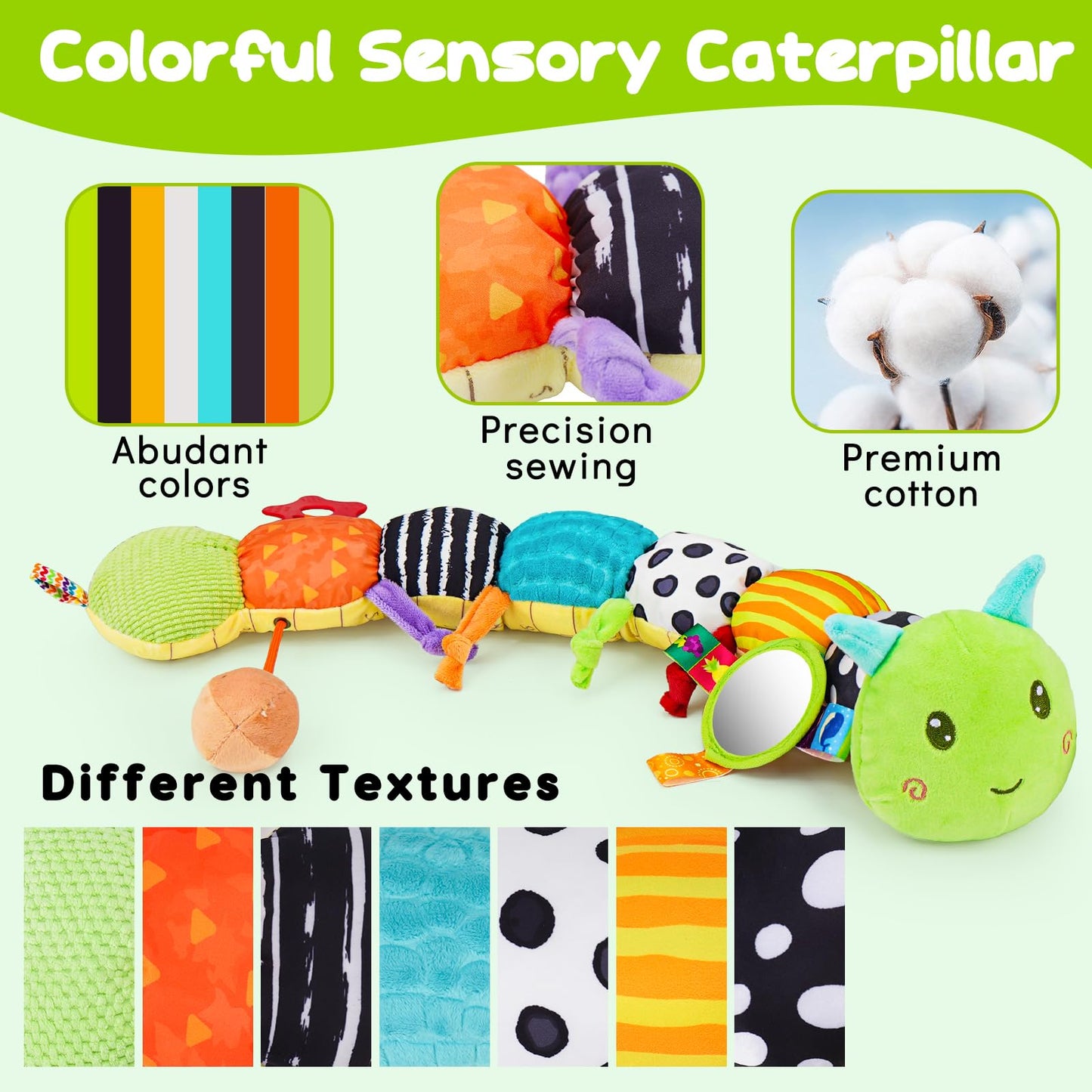 Baby Sensory Toy 0-6 Month Music Animal Stuffed Plush Caterpillar Toy For Infant 0-3-6 Month Tummy Time With Baby Mirror Crinkle
