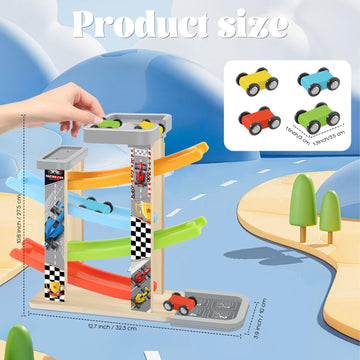 Wooden Car Ramp Toy Set Montessori Ramp Set Includes 4 Mini Cars and Track - Educational Gift for Boys and Girls 3+ Years Old
