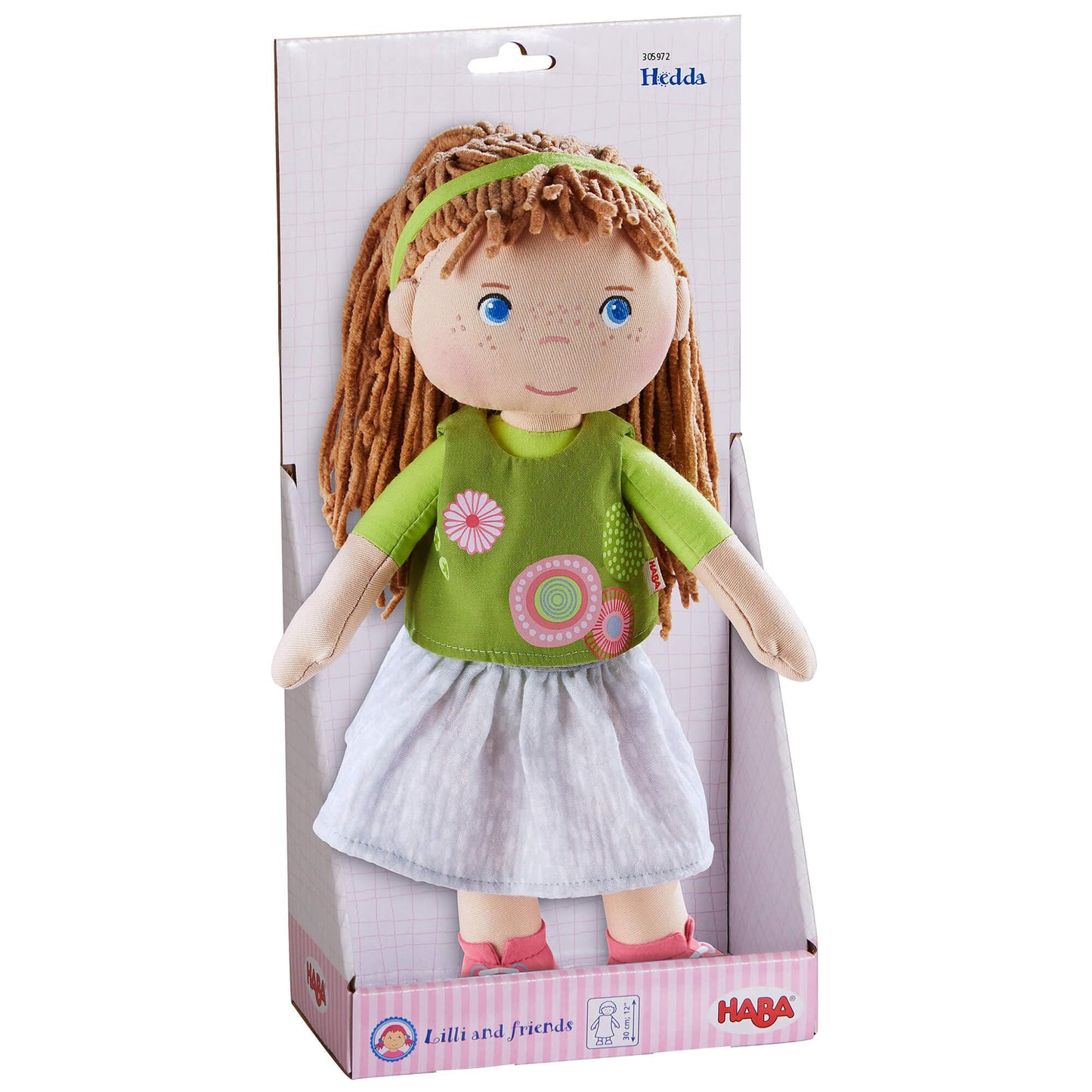 HABA Hedda 12" Soft Doll, Brown Hair, Blue Eyes, Embroidered Face, Ages 18 Months+, Model 305972, Polyester