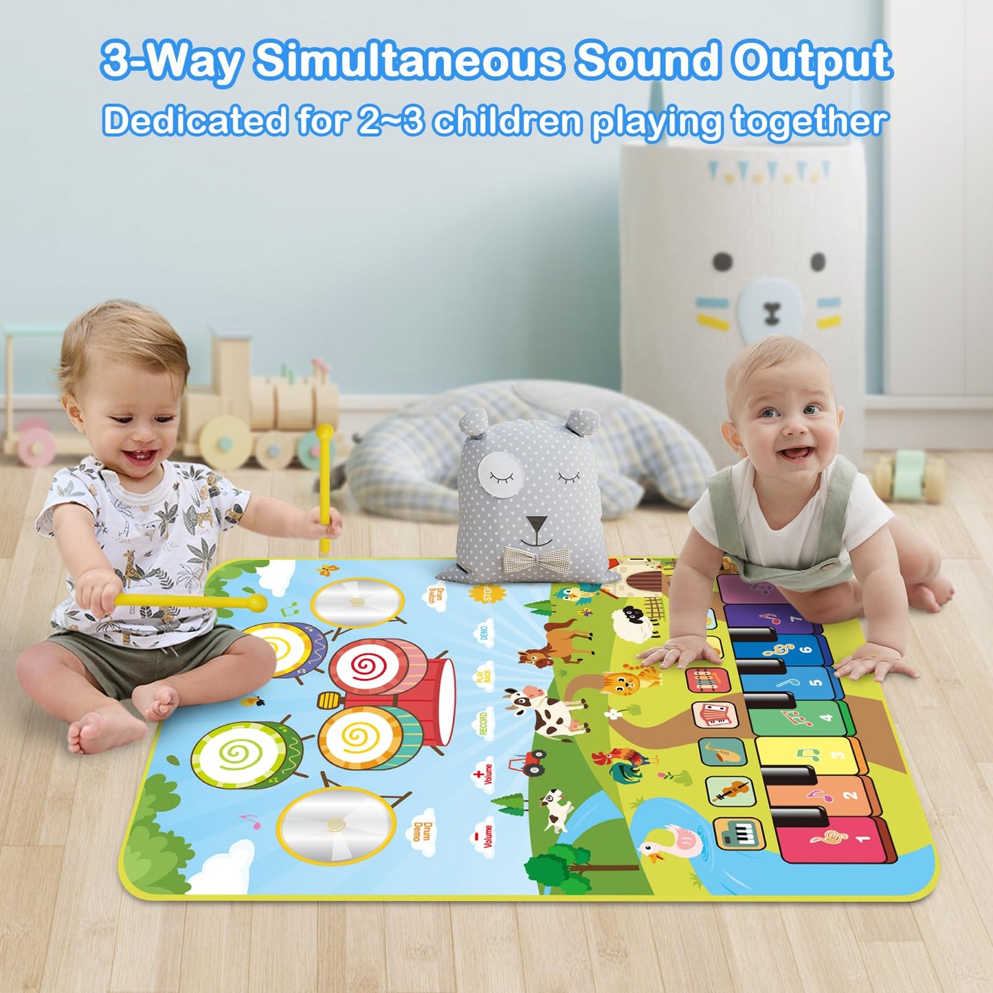 Foki 3-In-1 Musical Mats, Child Floor Piano Drum Animal Music Play Mat Montessori Sensory Early Educational Musical Learning Toy