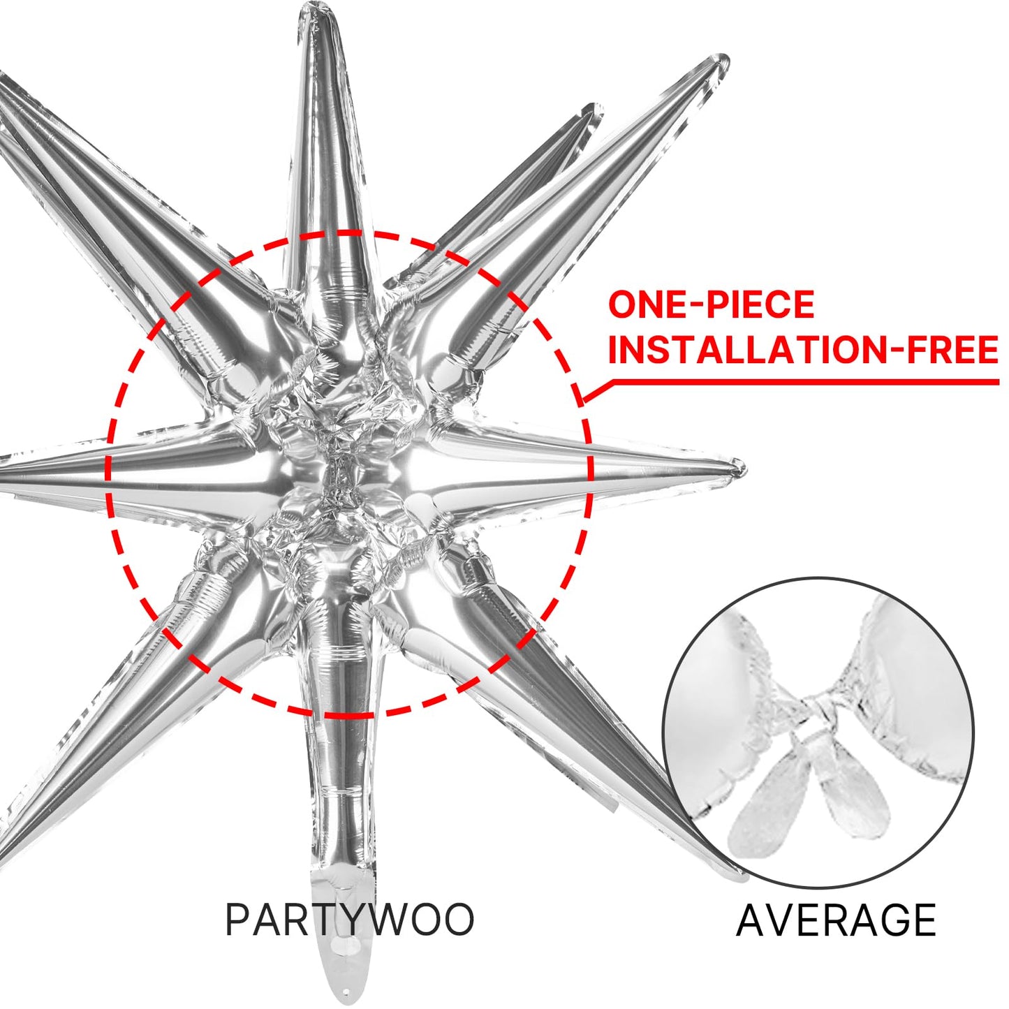 Partywoo Silver Star Balloons, 2 Pcs 42 Inch Large 14-Pointed Starburst Balloons, One-Piece Star Explosion Balloons With Ribbon, Point Star Foil Balloons, Mylar Balloons For Birthday Party Decorations