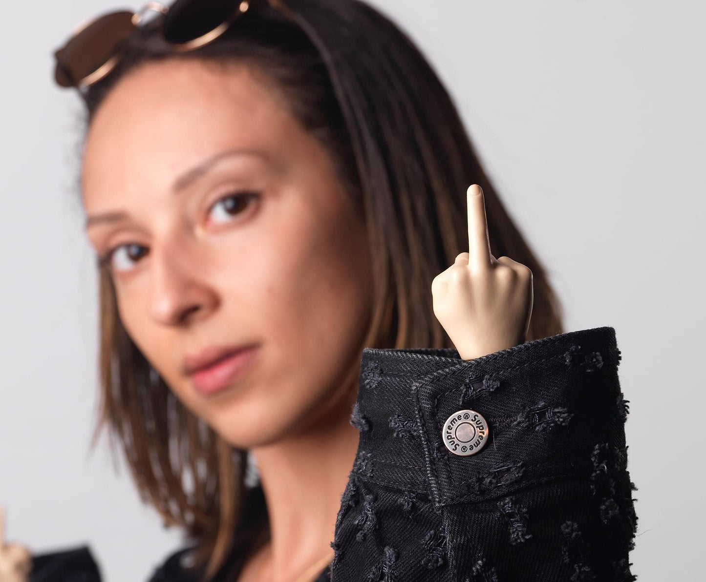 Tiny Hands 4.5-Inch Novelty Toys | Tan Left and Right + Middle Finger Hand | Plastic Puppets with Holding Sticks | Funny Gag Gif