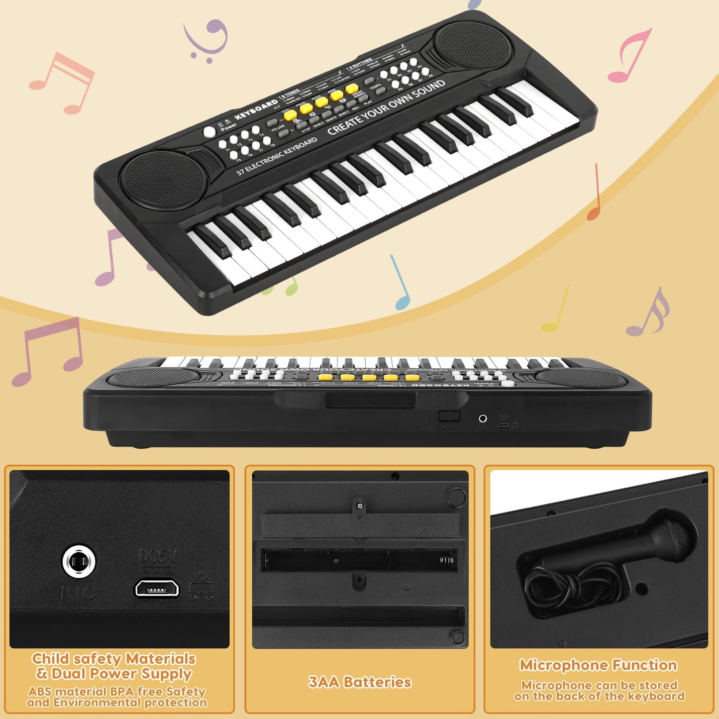Kids Keyboard Piano - 37 Keys Piano Toys For Kids 3+ Year Old Beginners, Portable Electronic Piano With Microphone Educational Musical Toy For 3 4 5 6 7 8 Year Old Boys Girls Gifts