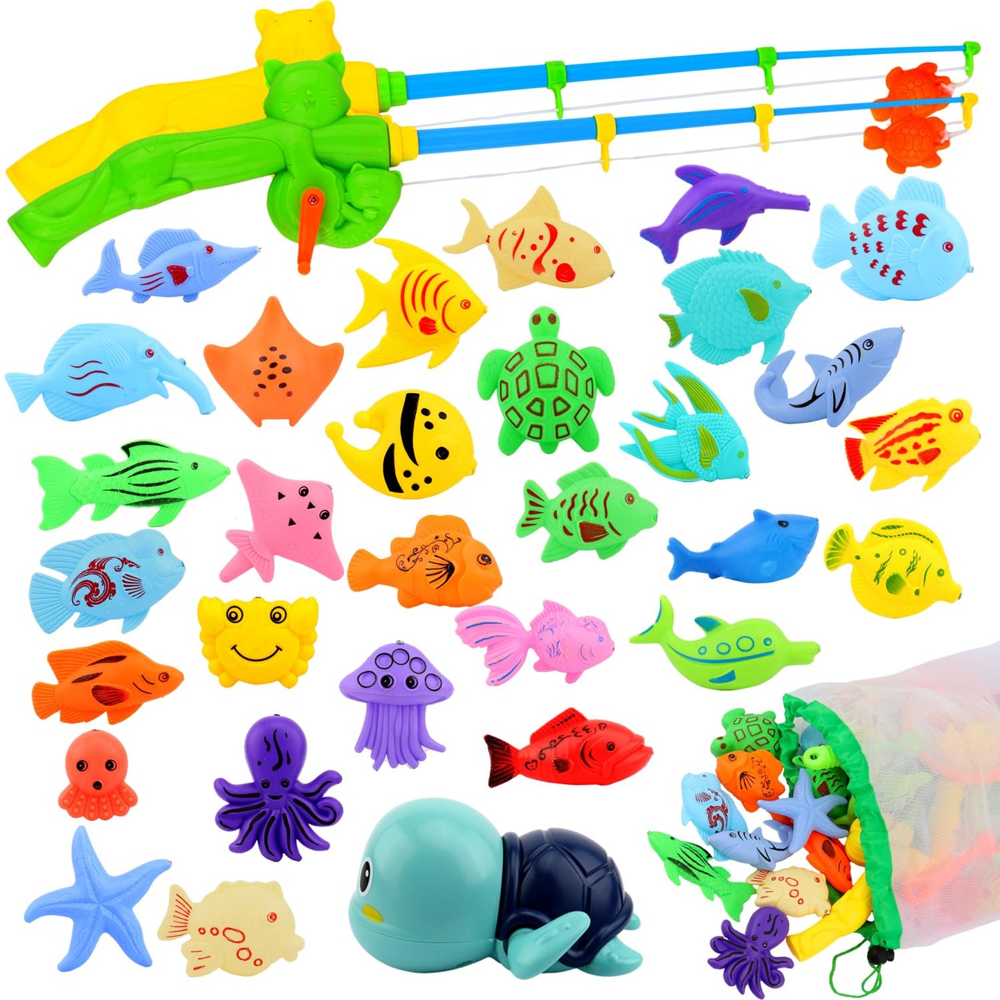 Bath Toys, Magnetic Fishing Game With 2 Poles 1 Wind Up Turtle 30 Floating Fish For Kiddie Outdoor Pool Water Table, Best Birthday Party Gifts For Baby Toddler Boys Girls Kids 1 2 3 4 Year Old