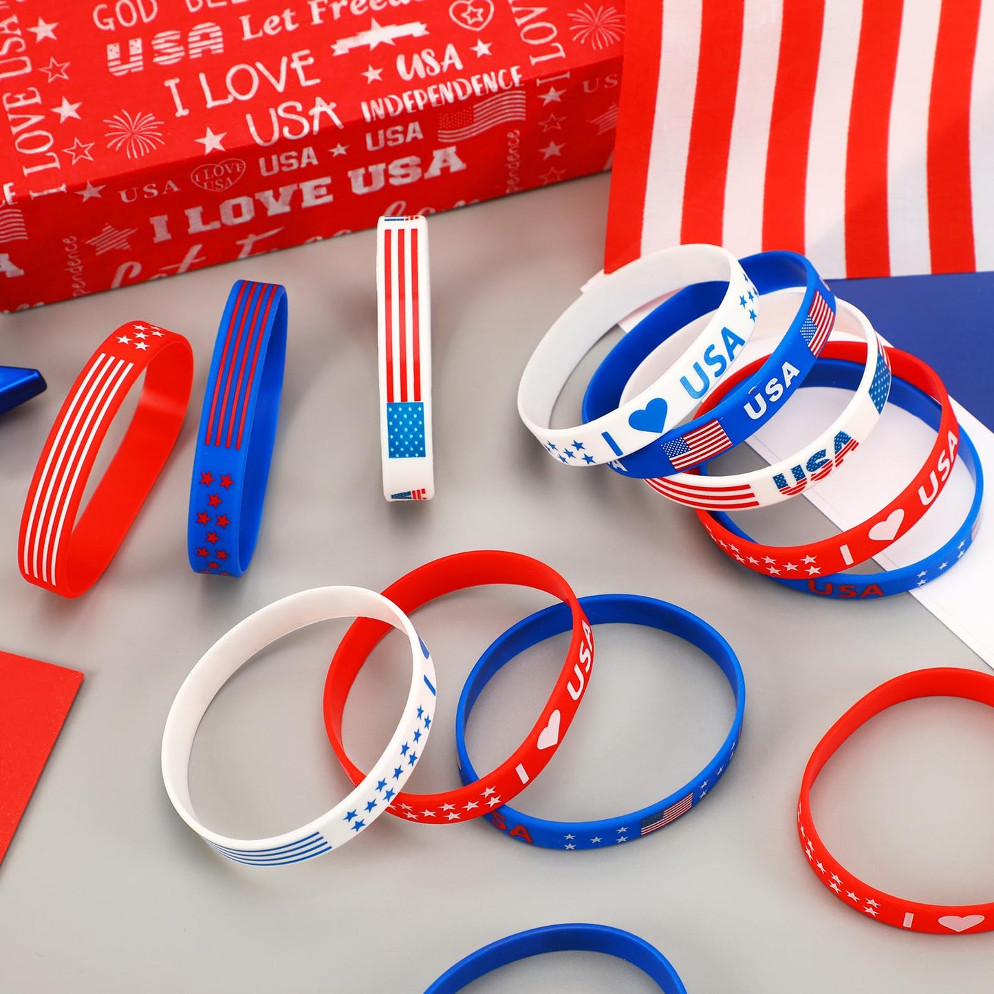 Junebrushs 24Pcs 4Th Of July Party Favors Silicone Bracelets Usa American Flag Red White And Blue Rubber Wristbands For Patrioti