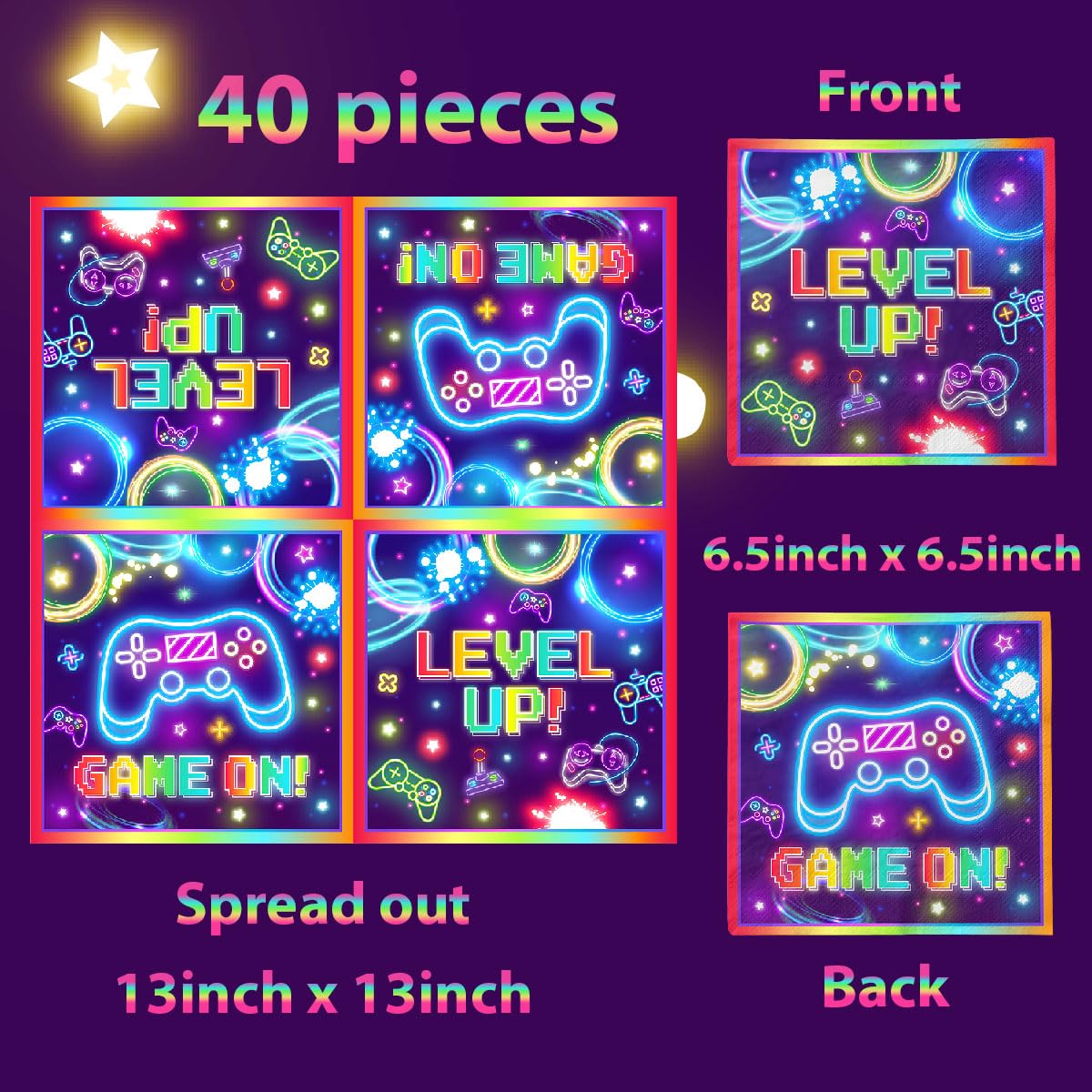 Video Gaming Party Decorations-40Pcs Game On Video Gaming Party Napkins,Disposable Neon Gaming Party Napkin For Kids Boys Girls
