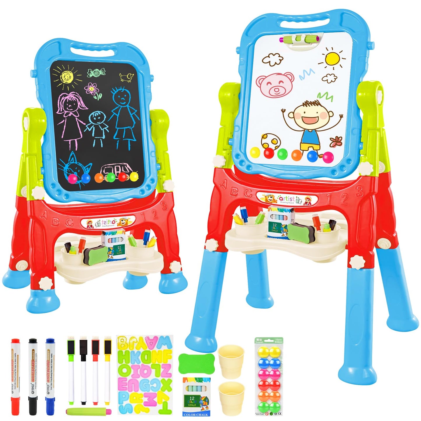Amagoing Easel For Kids, Adjustable Standing Art Easel For Toddler, Double Magnetic Drawing Board With Painting Accessories, Gif