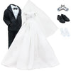 BJDBUS Wedding Set for Dolls - White Dress, Bridal Veil & Groom Suit, Nylon, 11.5 in, Model 2459, Black Accents