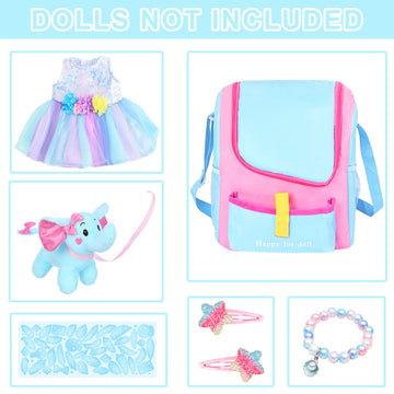 Unicorn Element 18 Inch Girl Doll Accessories With Doll Carrier Bag + Dress + 2 Hairpins + Blue Sticker + Bracelets + Toy Elephant, Baby Doll Clothes And Accessories For 18 Inch Doll (No Doll)
