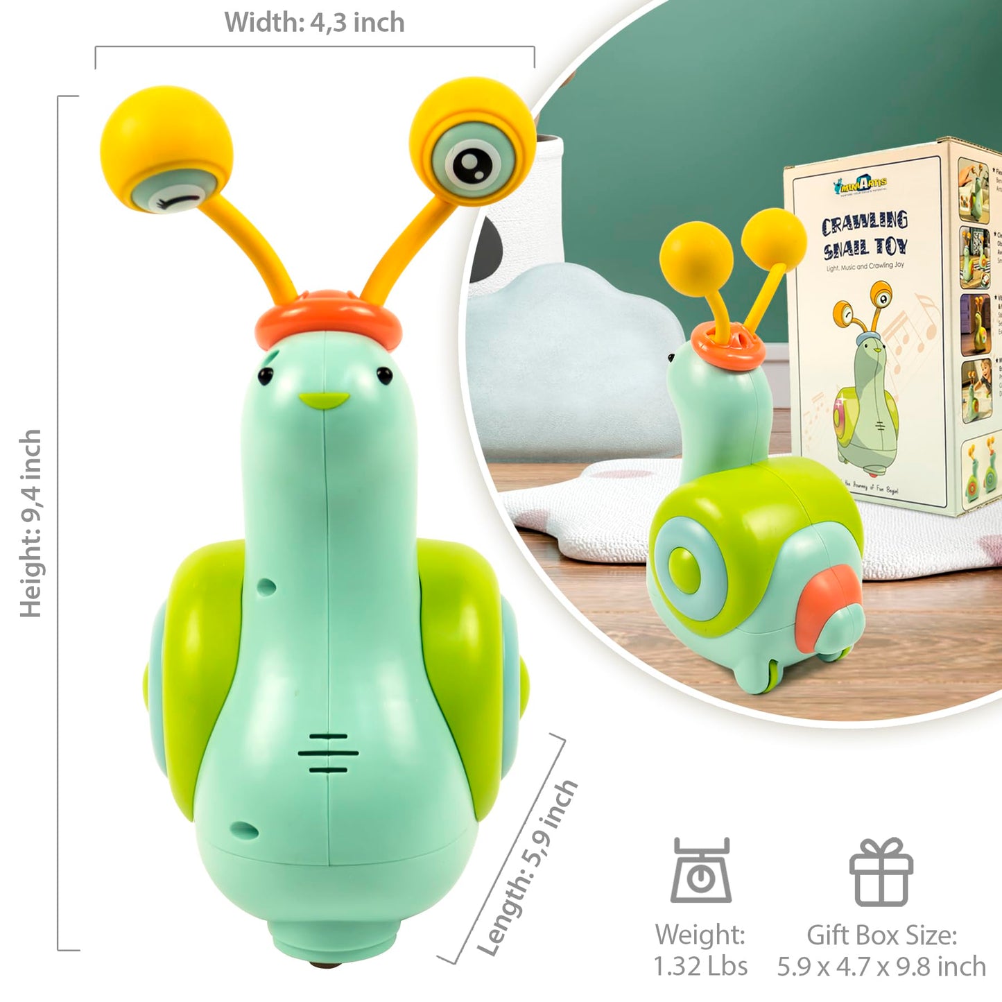 Miniartis Baby Crawling Toys | Musical Snail Baby Toy, Infant Tummy Time | Crawling Toys For Babies 6-12 Months | Learning Crawl And Walking | Toddler Birthday Gift For 6-36 Month Boy Girl