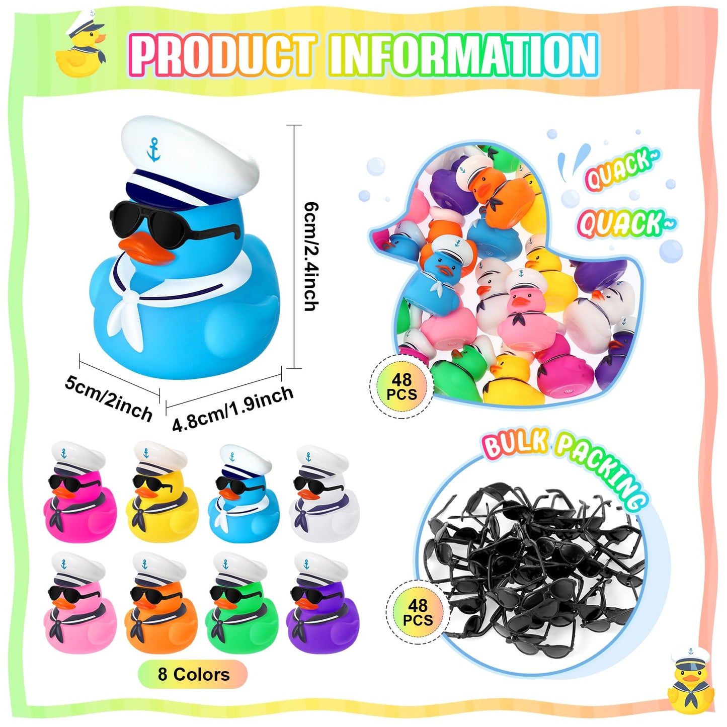 Shappy 24 Pcs Cruise Duck Bulk With Sunglasses Sets 2 X 1.9 X 2.4 Inch Mini Sailing Rubber Ducks Summer Cruise Ship Toy Squeaky Bath Party Toy Duckies For Birthday Party Favors (Multicolor)