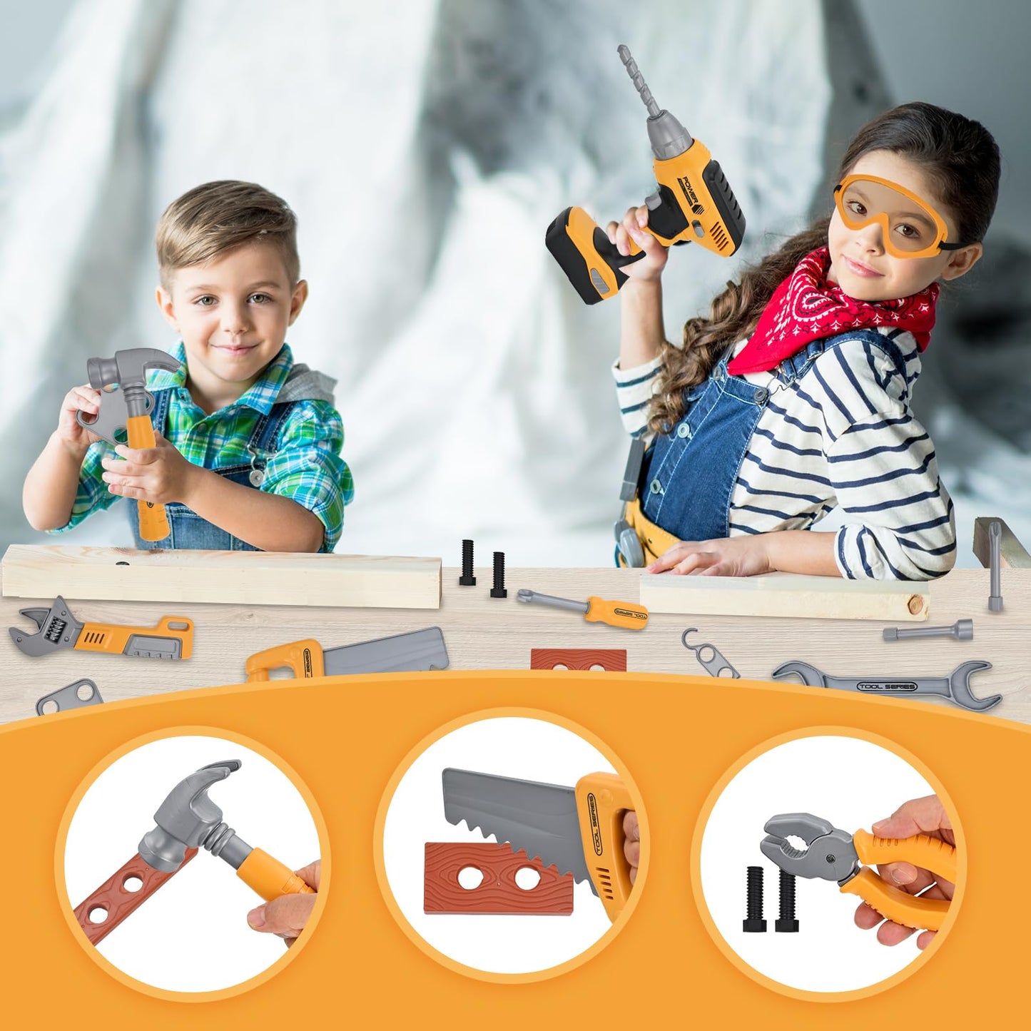 HYRENEE Kids Tool Set for Boys,Toddler Tool Set with Kids Tool Bag & Electronic Toy Drill,Construction Pretend Play Tools for Ki
