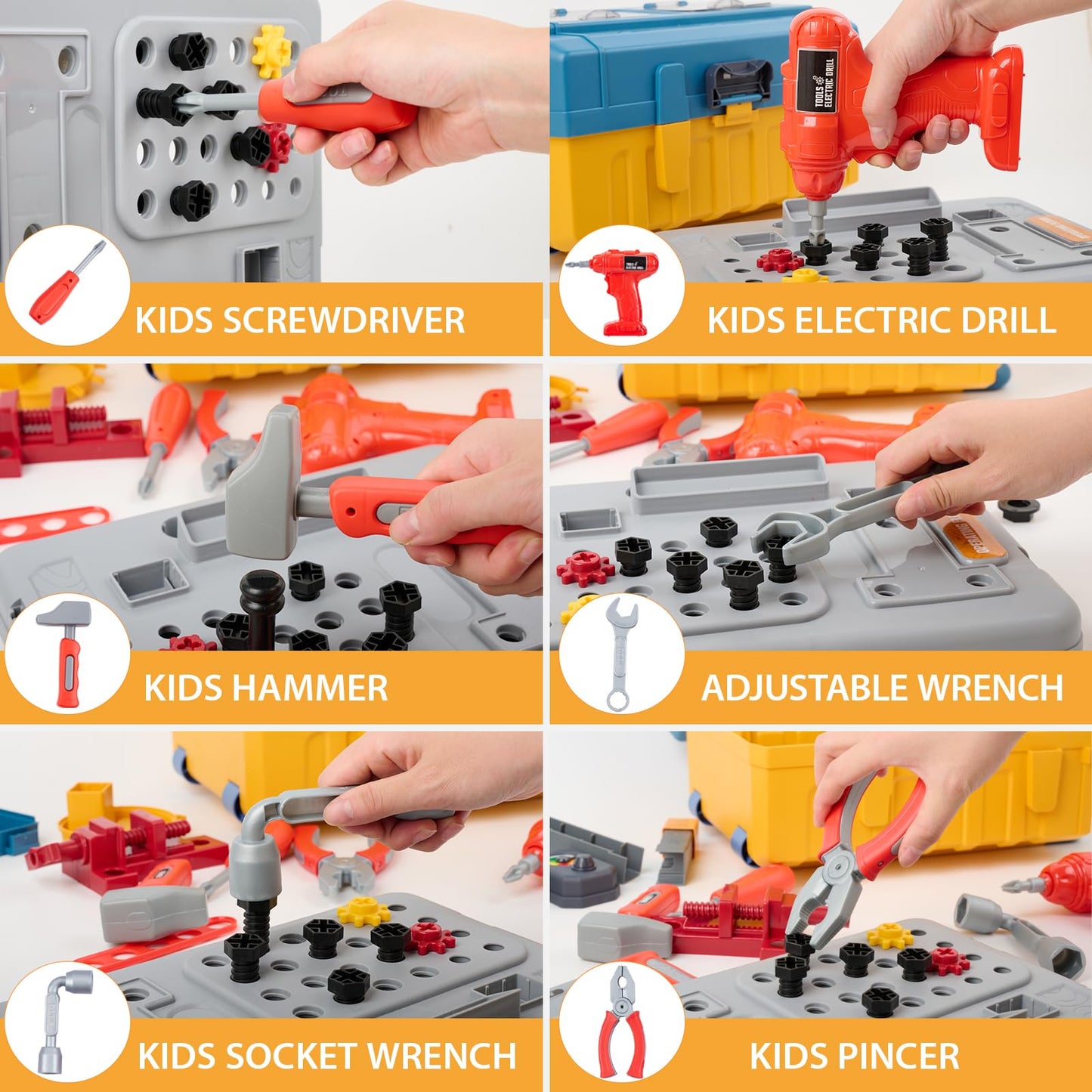 3 in 1 Kids Tool Bench -GEIYATOI, Toddler Workbench with Electric Drill and Realistic Toddler Tool Set for 2 3 4 5 6 Years Old B