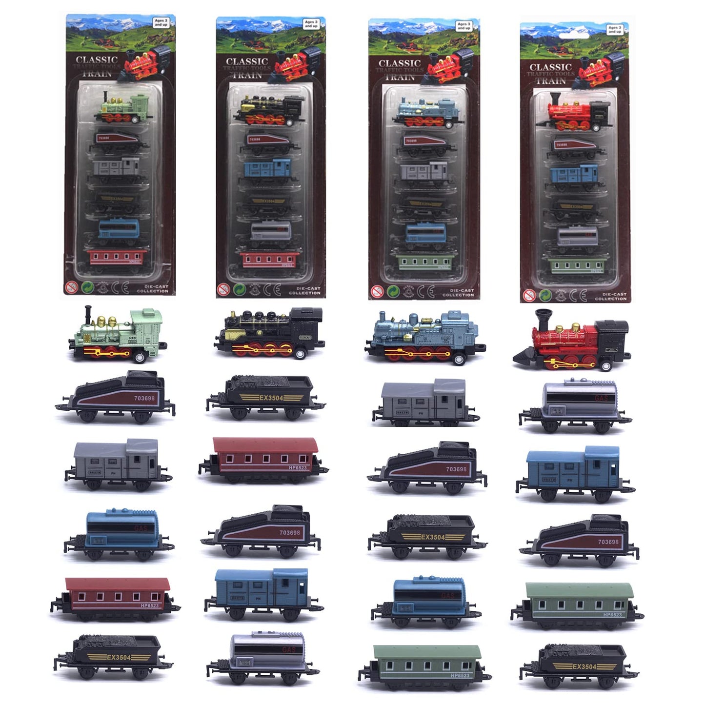 Corper Toys Mini Train Toy Set, 4 Packs (24 Pieces) Pull Back Model Train Playset For 3 4 5 6 Year Old Boys Girls, Diecast Steam Train With Linkable Cars For Birthday Gifts