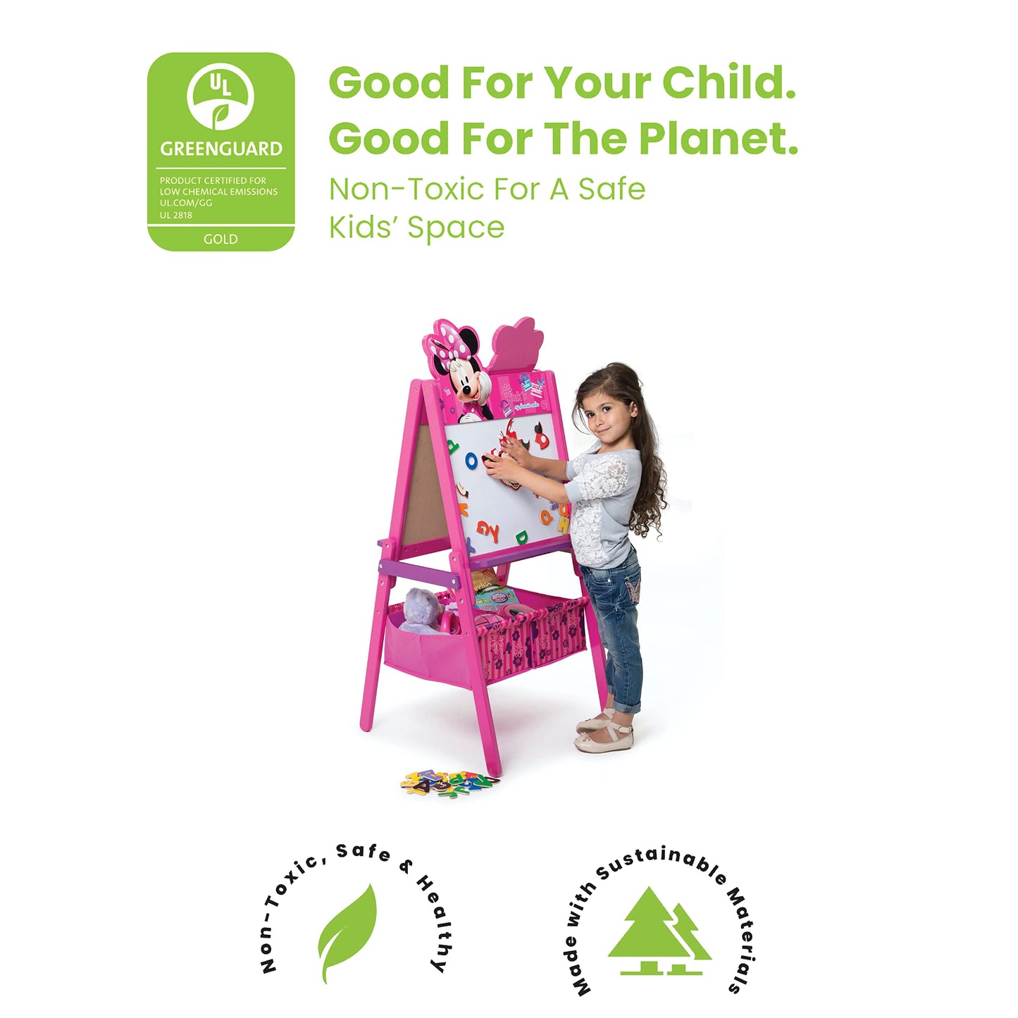 Delta Children Wooden Double-Sided Kids Easel with Storage -Ideal for Arts & Crafts, Homeschooling and More, Disney Minnie Mouse