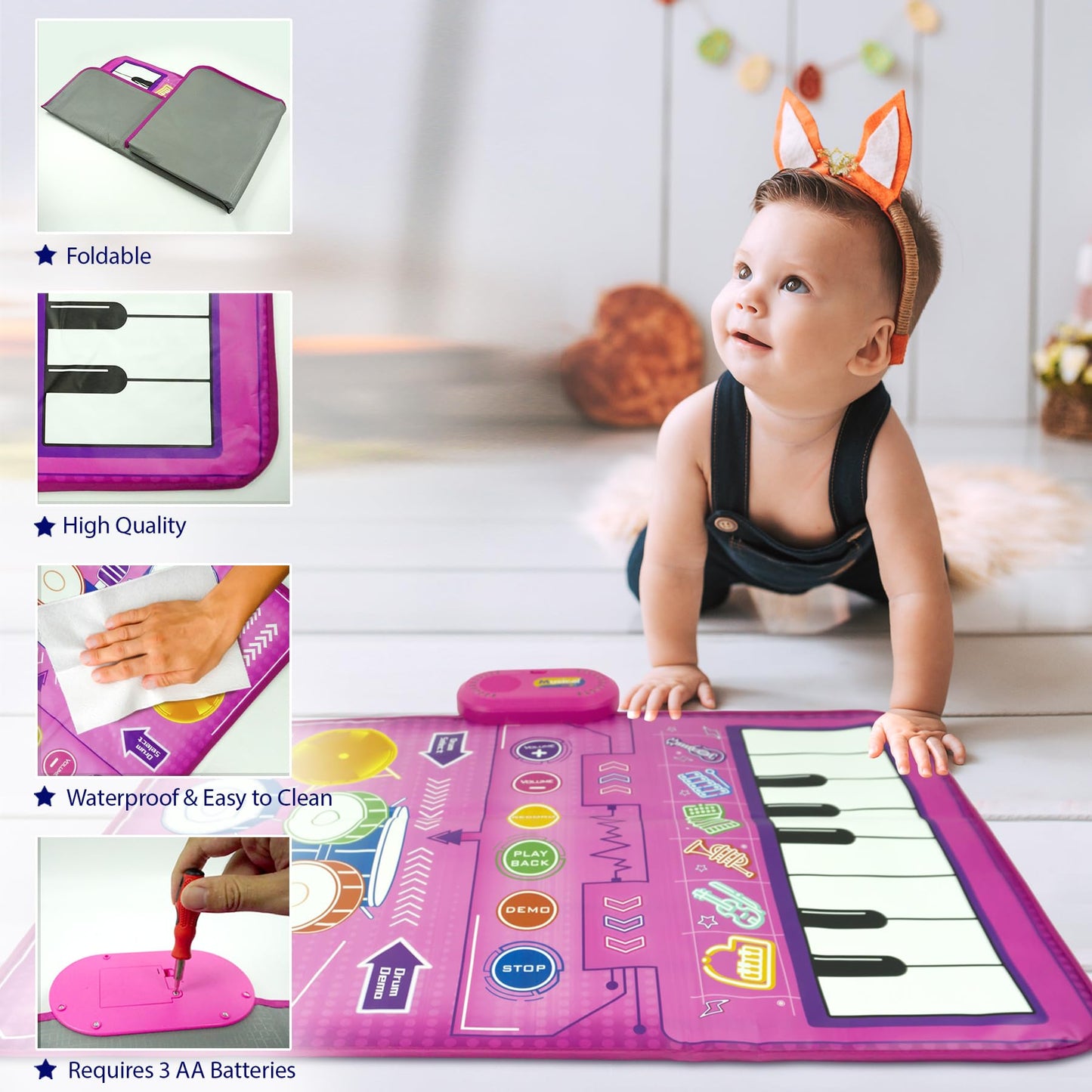 Miniartis 2-In-1 Baby Musical Mat | Floor Piano Mat & Drum Set For Toddlers 1-3 | Baby Musical Toys | Educational Music Mat For Girls & Boys Birthday Gifts