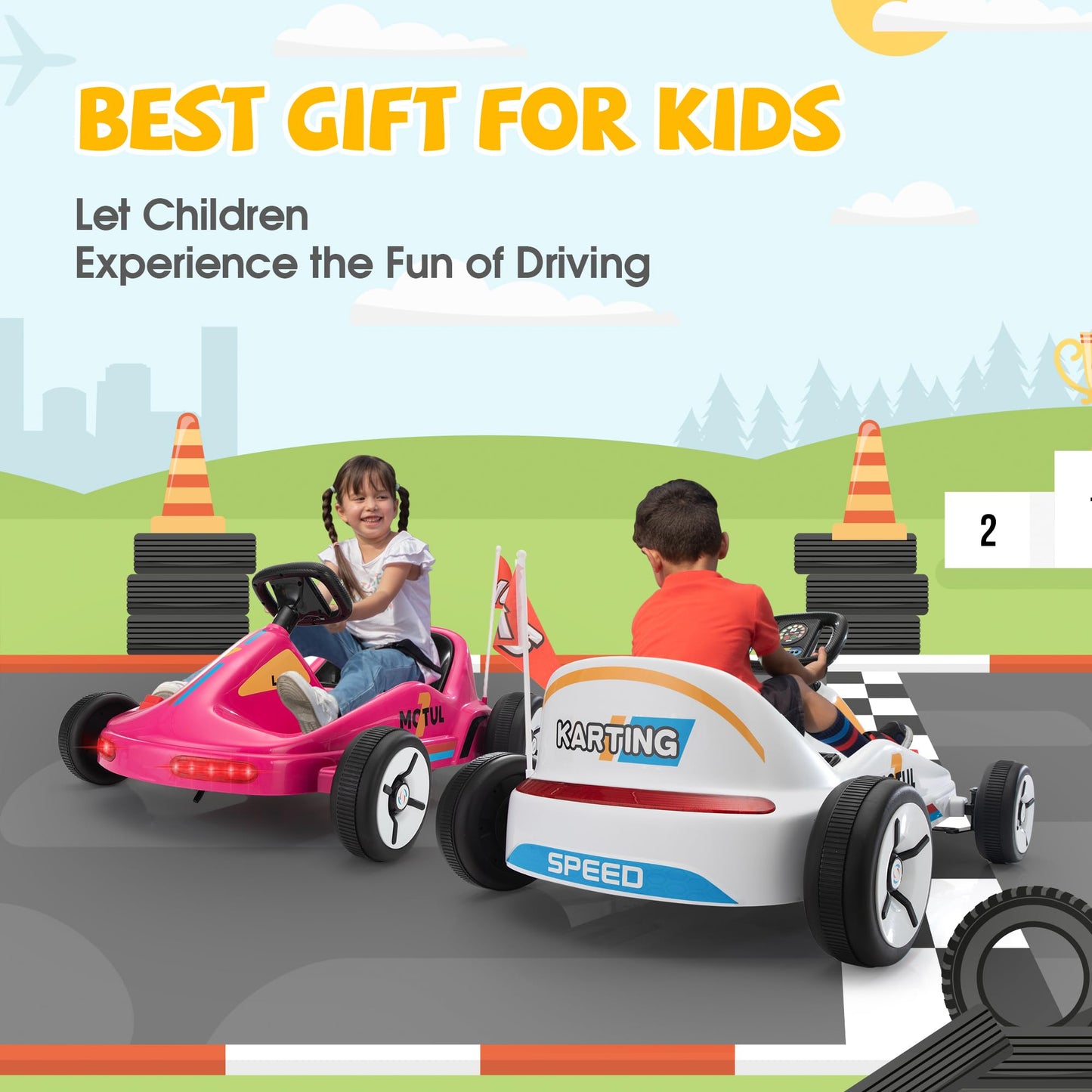 TOBBI Electric Go Kart for Kids, 12V Ride on Car Outdoor Pedal Race Toy with Music, Remote Control, Flashing Lighting, for 3-8 Y