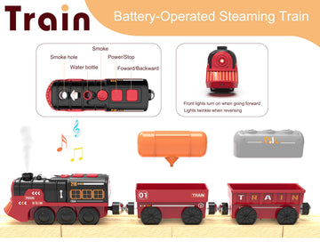 Z MAYABBO Electric Toy Train Set - Battery Operated, Lights & Sounds, Compatible with Wooden Tracks, Red & Black, Model AU2669