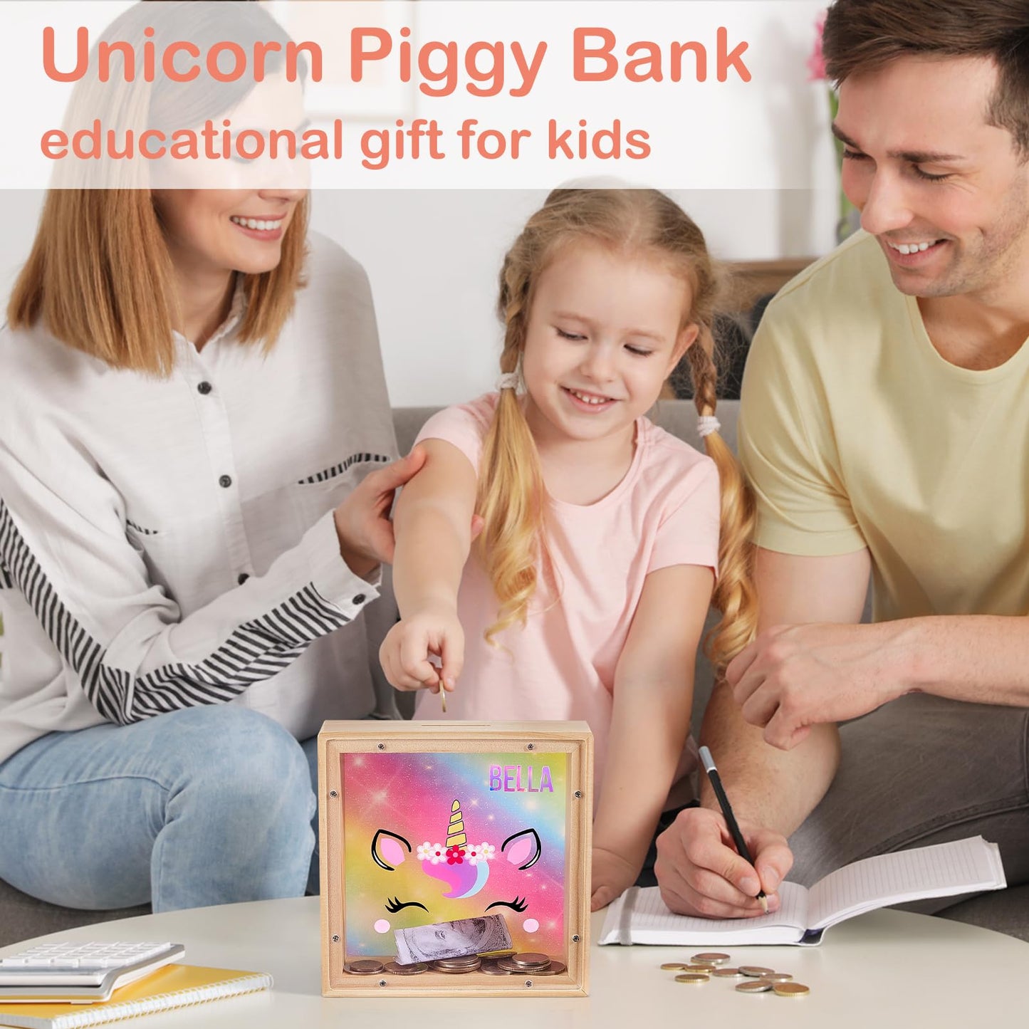 Piggy Bank Girls, Wooden Piggy Bank For Kids Unicorn Money Bank Coin Bank With Diy Letter Stickers,Rainbow