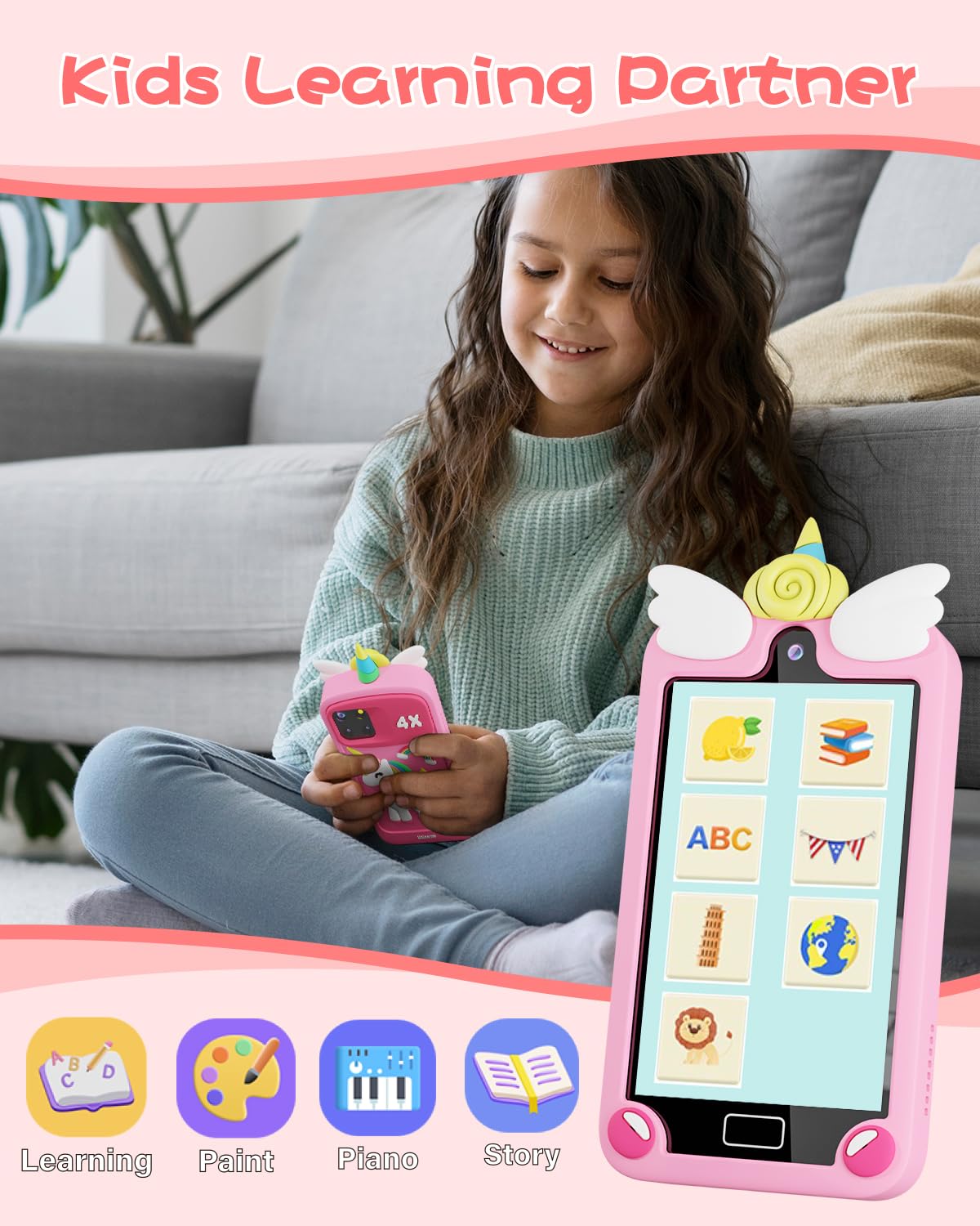 Kids Smart Phone for Girls with 4.0'' Large Touchscreen, 32G Card Christmas Birthday Gifts for Age 3-10 Kid Toys Cell Phone with