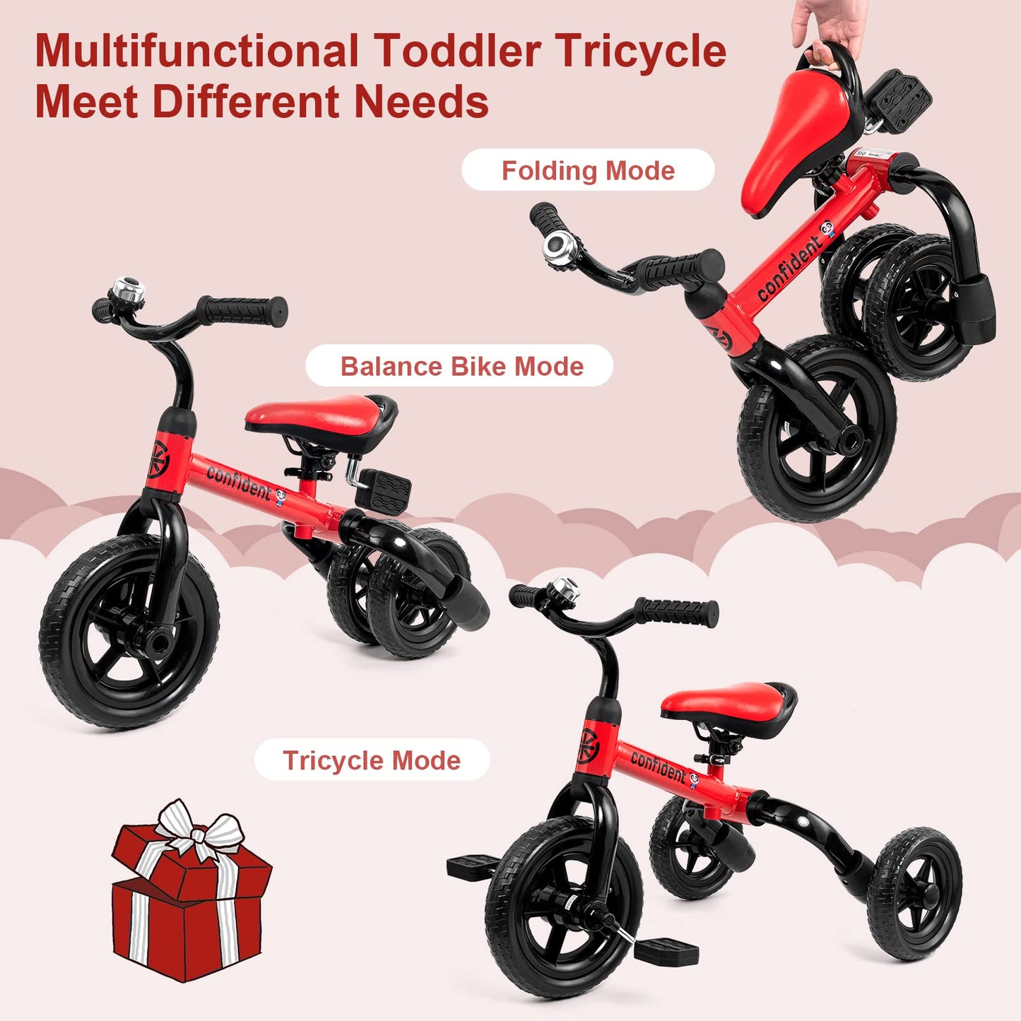 XPIY Tricycle for Toddlers Age 2-5 Years Old, 3 in 1 Folding Toddler Bike for Boys and Girls, Kids' Bike Trike with Detachable P