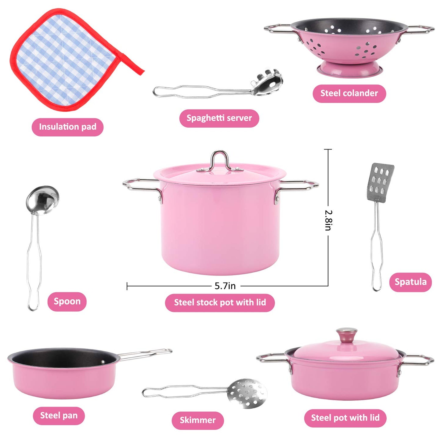 Kids Play Kitchen Toys Pretend Cooking Pink Stainless Steel Pots And Pans Metal Kitchen Set With Utensils (11 Pieces)