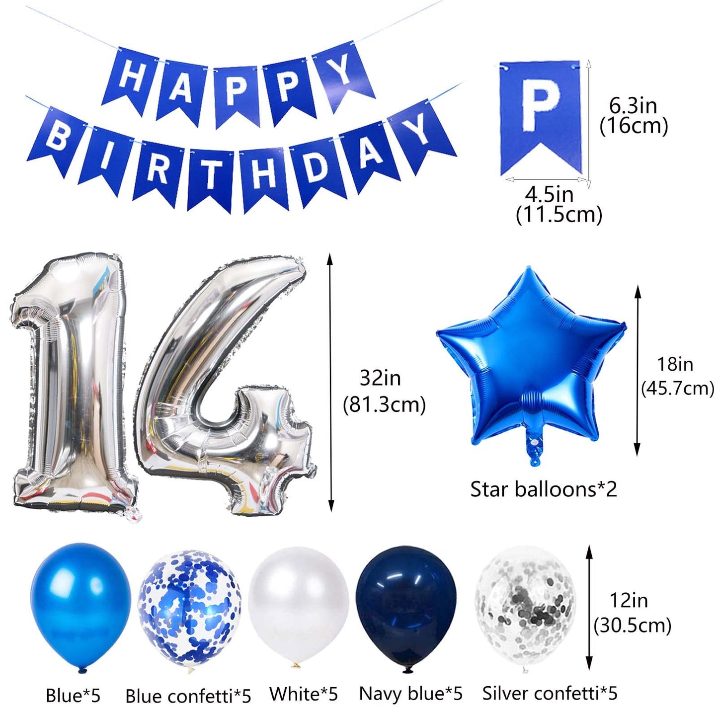 14Th Birthday Party Decoration For Boys, Number 14 Birthday Balloons Happy Birthday Banner Blue 14Th Birthday Latex Confetti Bal