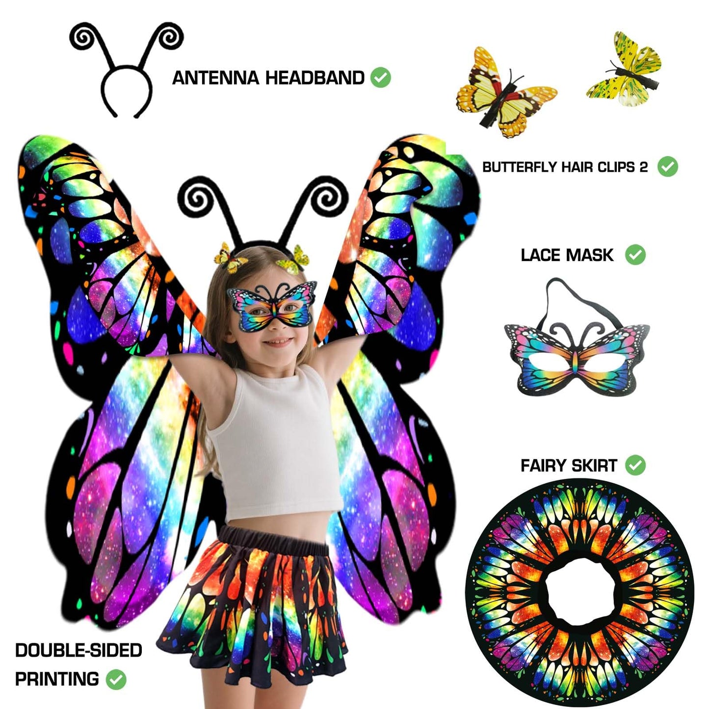 Jackcell Butterfly Wings Costumes for Girls - Double Sided Butterfly Cape Halloween Costume with Fairy Skirt for kids, Fairy Win