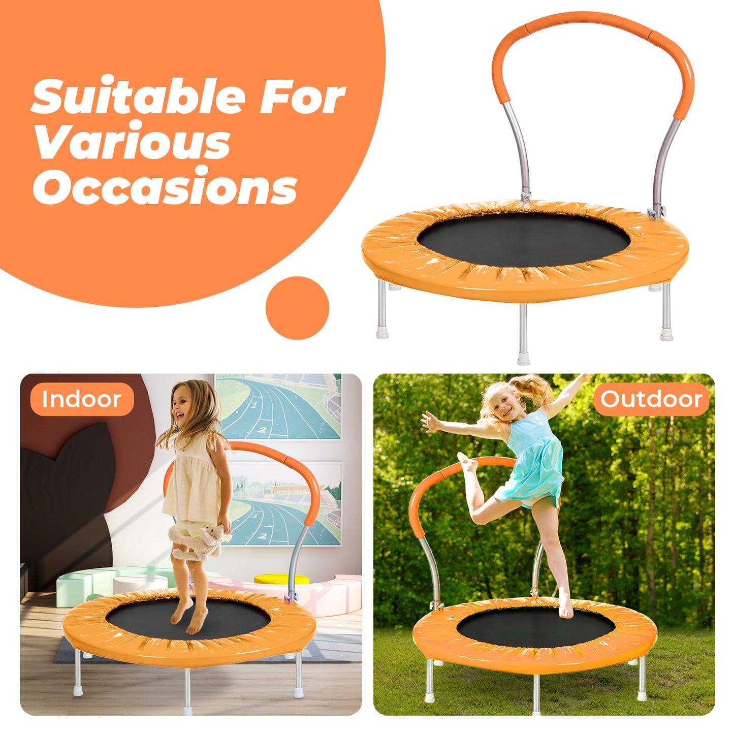 Roinoim Kids Trampoline With Handle - 36'' Mini Toddler Rebounder For Indoor & Outdoor Play, Safe & Sturdy Jumping Exercise Tram