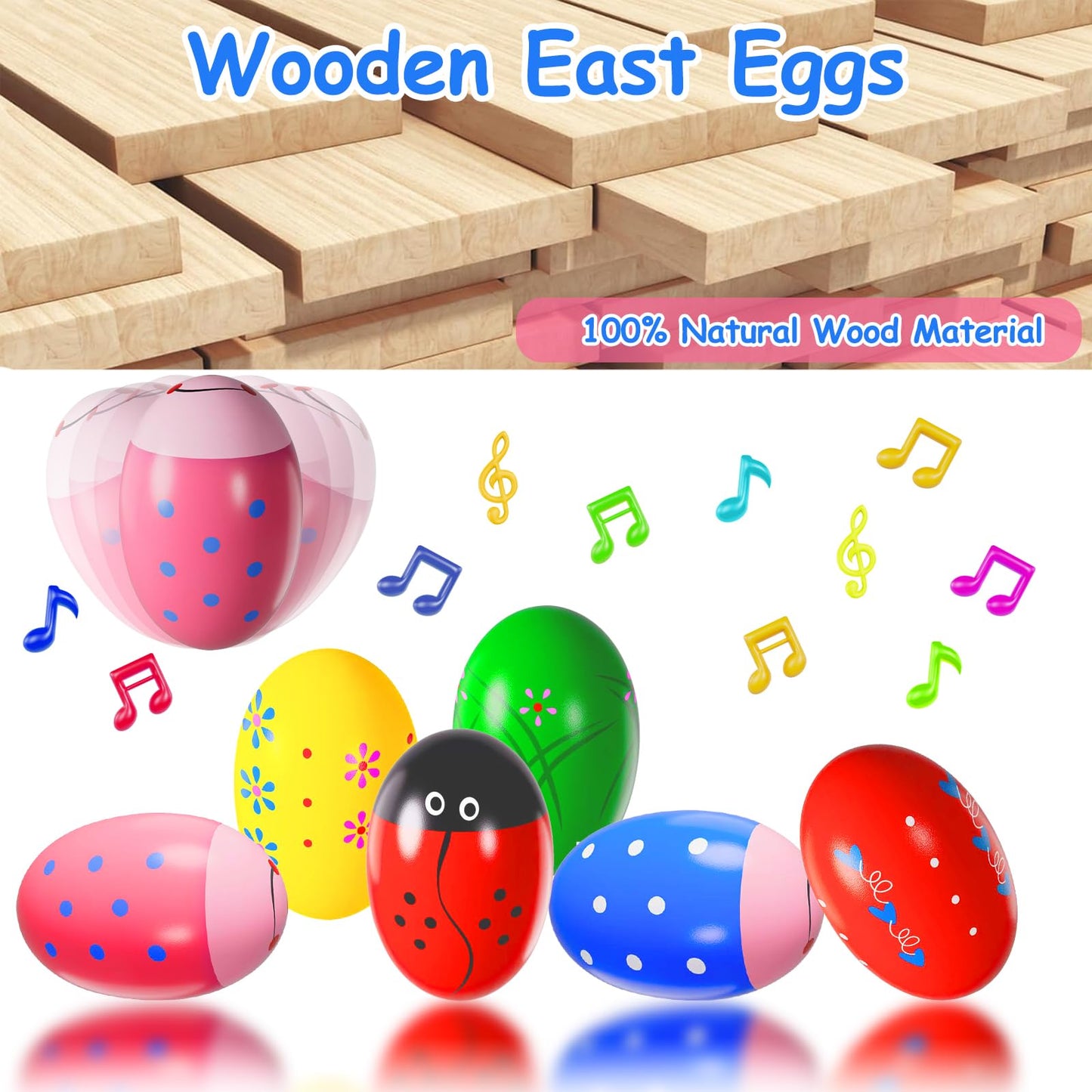 6 Pack Easter Basket Stuffers, Eco-Friendly Woode Percussion Musical Shaker, Toddlers Stocking Stuffers 1-3 Year Old, Montessori