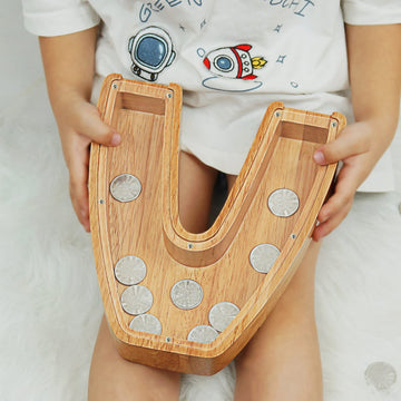 Piggy Bank For Kids Boys Girls, Large Personalized Wooden Letter Piggy Bank With Cut-Out Design, Alphabet Letter Coin Banks, Money Savings Box, Wooden Bank For Kids Creative Gift For Real-Money(V)