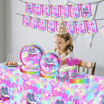 142Pcs Roller Skating Birthday Party Supplies Tableware Set Roller Skater Decoration Let'S Roll Birthday For Boy Or Girl,Colorfu