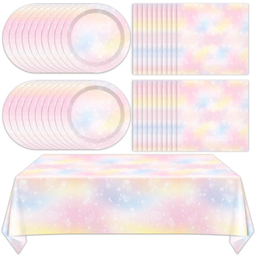 Pastel Rainbow Tableware Set Pastel Birthday Party Plates Napkins Rainbow Theme Party Disposable Table Cover Boho Pastel Dinnerware For Kids Girls Baby Shower Birthday Party Wedding Decor Supplies