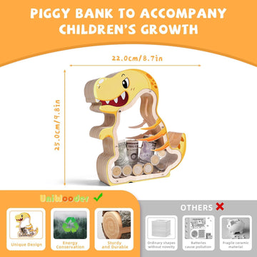 Wooden Dinosaur Piggy Banks For Kids Money Coin Bank, T-Rex Unbreakable Piggy Bank Diy Personalized Kids Safe Money Box With Sti