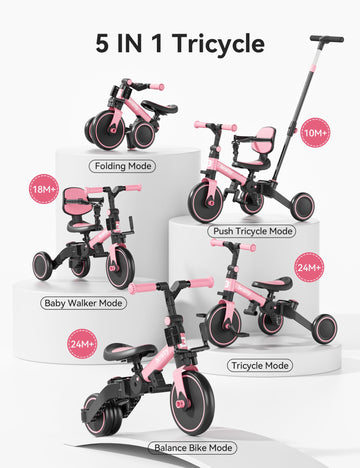besrey 5 in 1 Toddler Tricycle, Alloy Steel, Large, Pink, Model KSE06, with Push Handle, Backrest, and Safety Belt for Ages 1-3